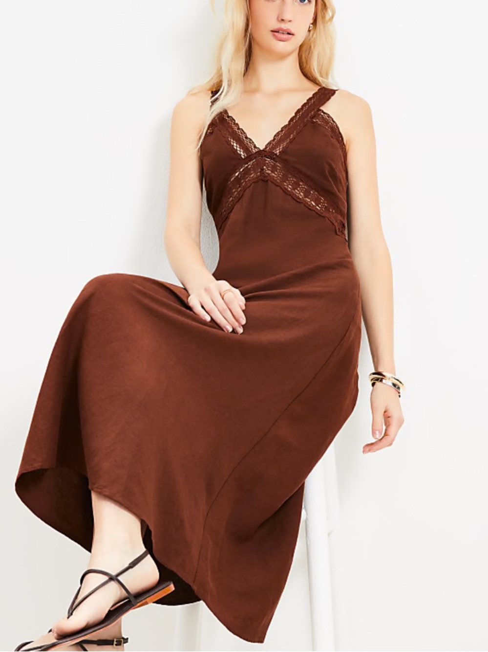 LOFT Linen Blend Lace Trim Chocolate Brown Midi Dress, Size 14, NWT